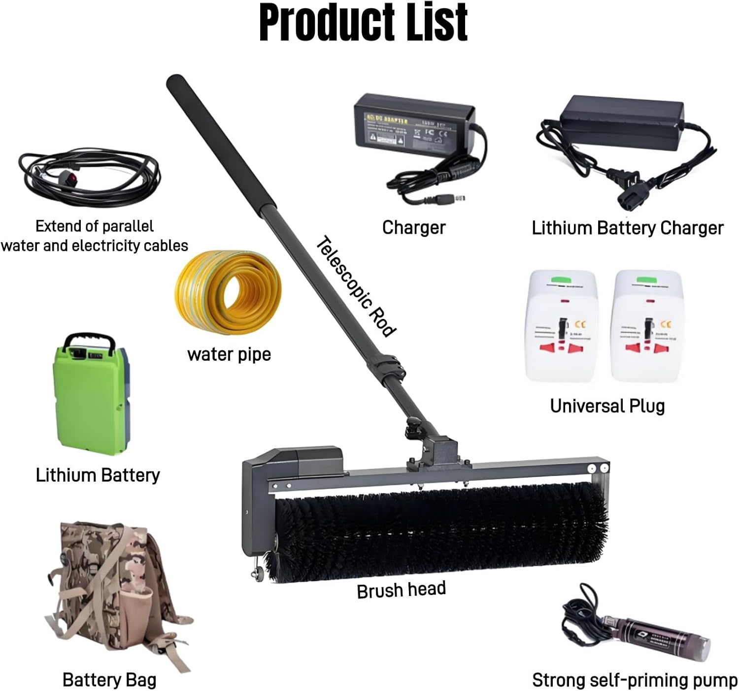 Solar Roller Brush, Telescopic Rod PV Panel Wash Cleaning Machine, Electric Solar Photovoltaic Panel Cleaning Machine for Office Building/Garden 7.5m/24.6FT Battery