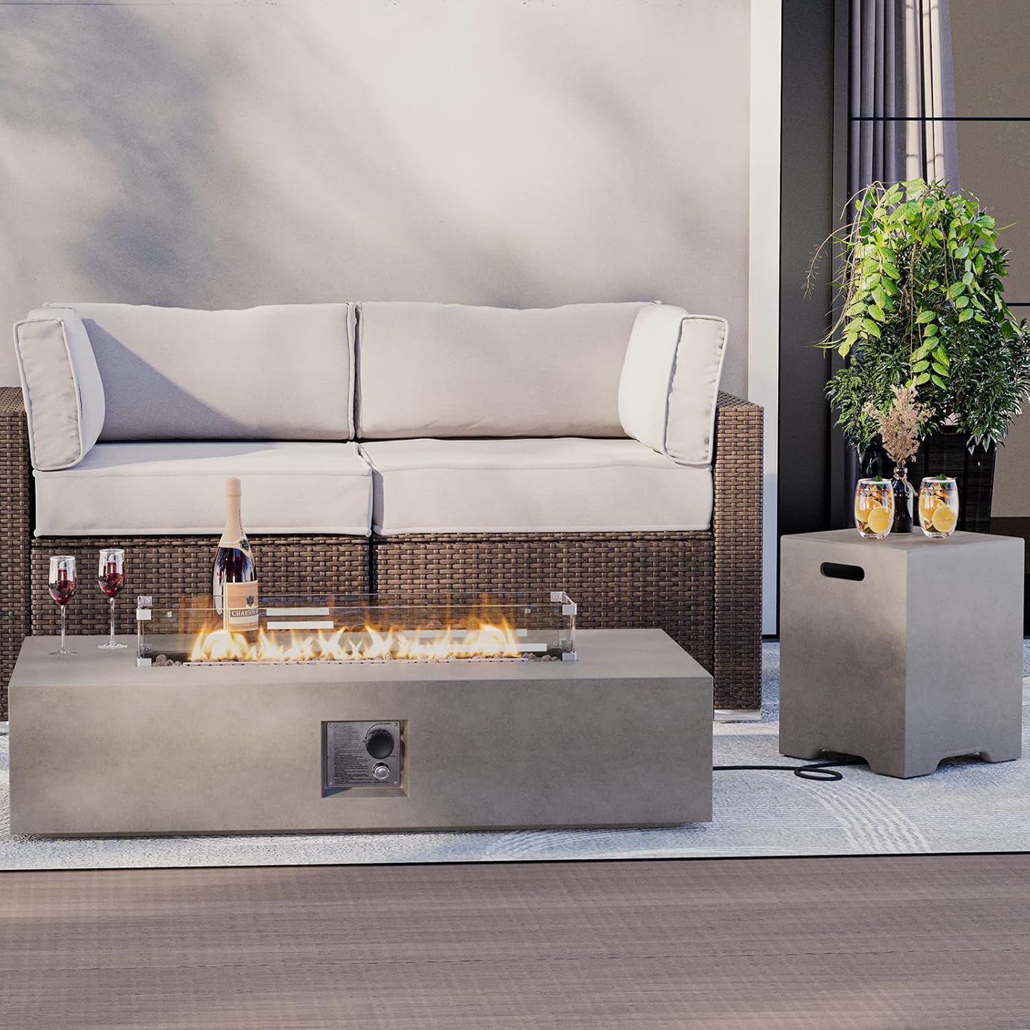 HOMPUS Outdoor Rectangular Propane Fire Pit Table, 56''x28’’x13'' Fire Table w Wind Guard & 20lb Tank Cover Table, 50000 BTU Fire Pit w Free Waterproof Cover & Fire Stone for Patio, Garden, Grey