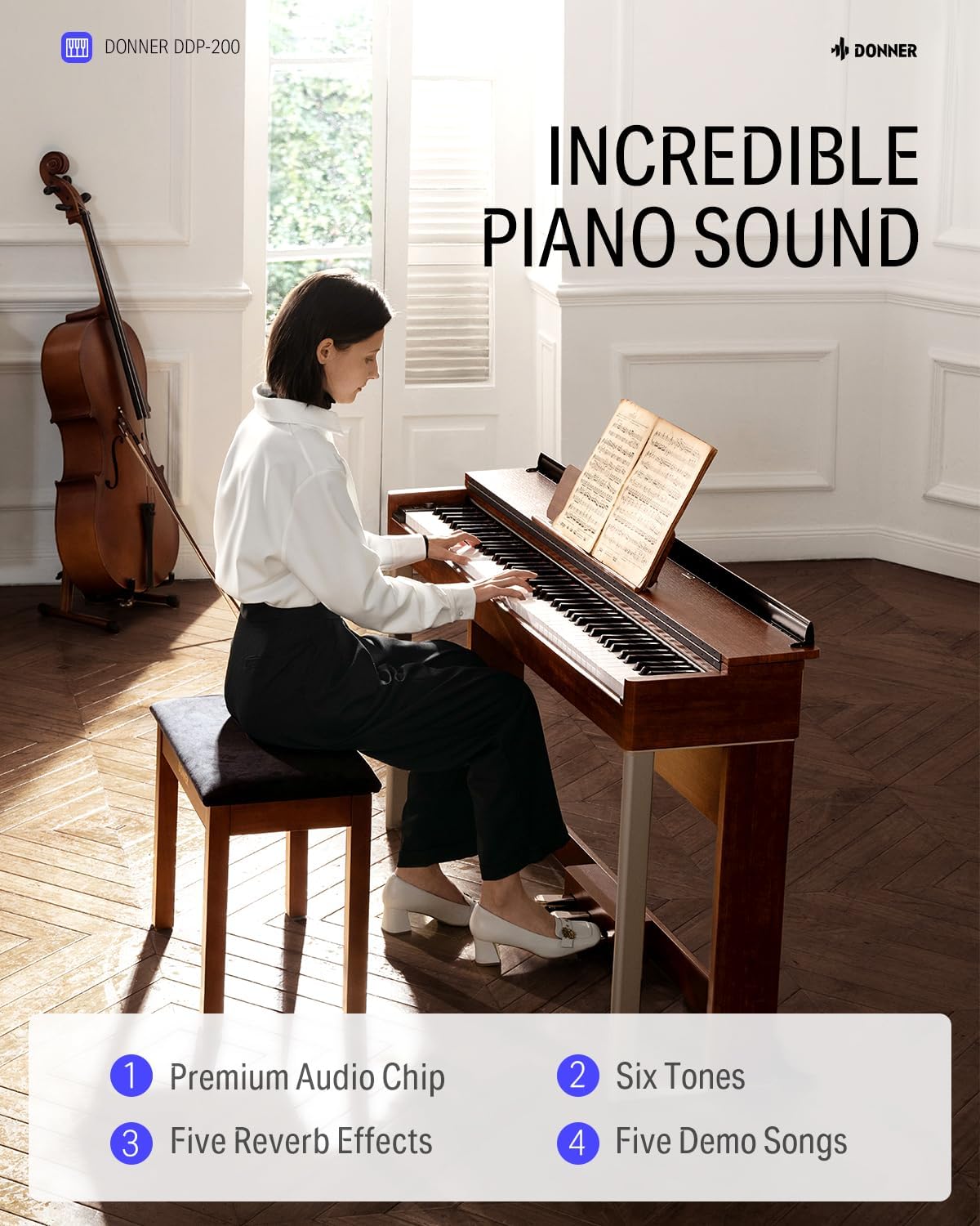 Donner Digital Piano with 88 Key Dynamic Graded Hammer Action Weighted Keyboard Piano+Donner Duet Piano Bench with Storage