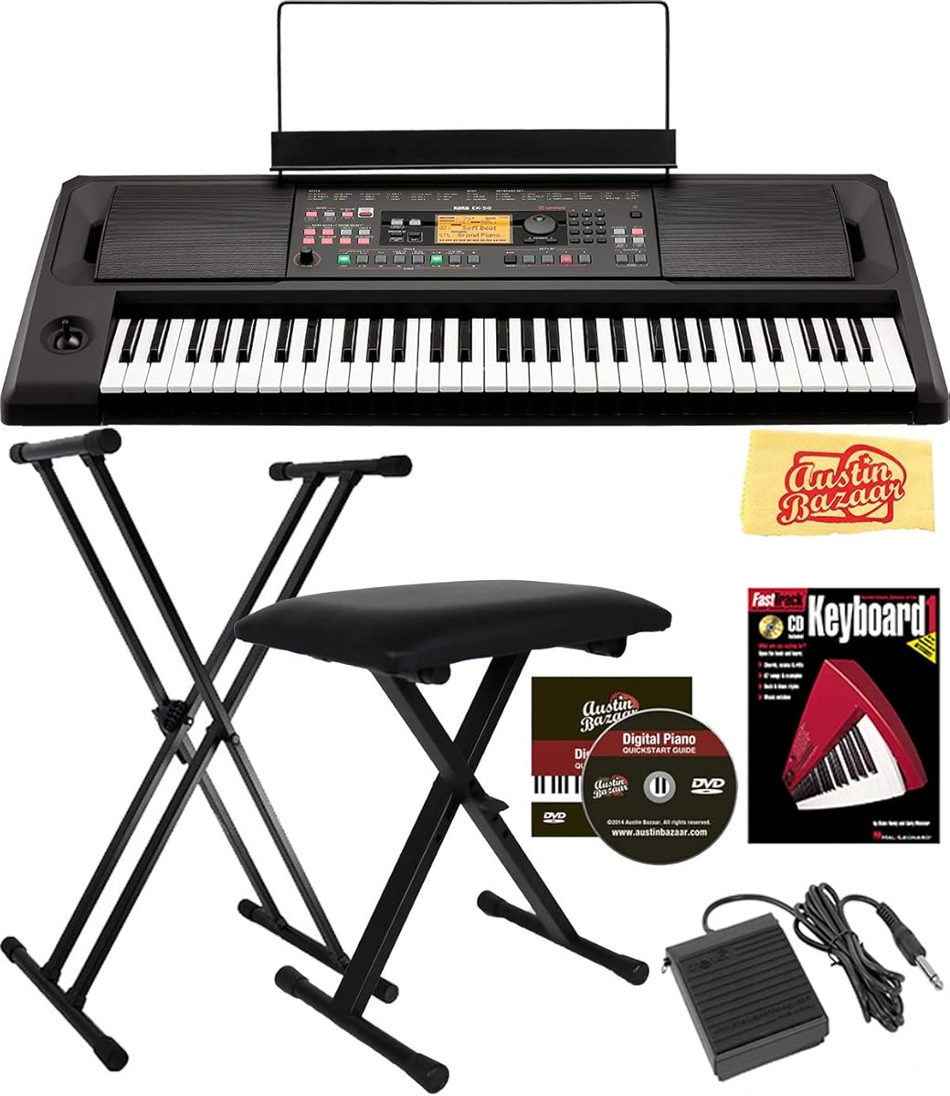 Korg EK-50L Limitless Entertainer Keyboard Bundle with Adjustable Stand, Bench, Sustain Pedal, Instructional Book, Austin Bazaar Instructional DVD, and Polishing Cloth