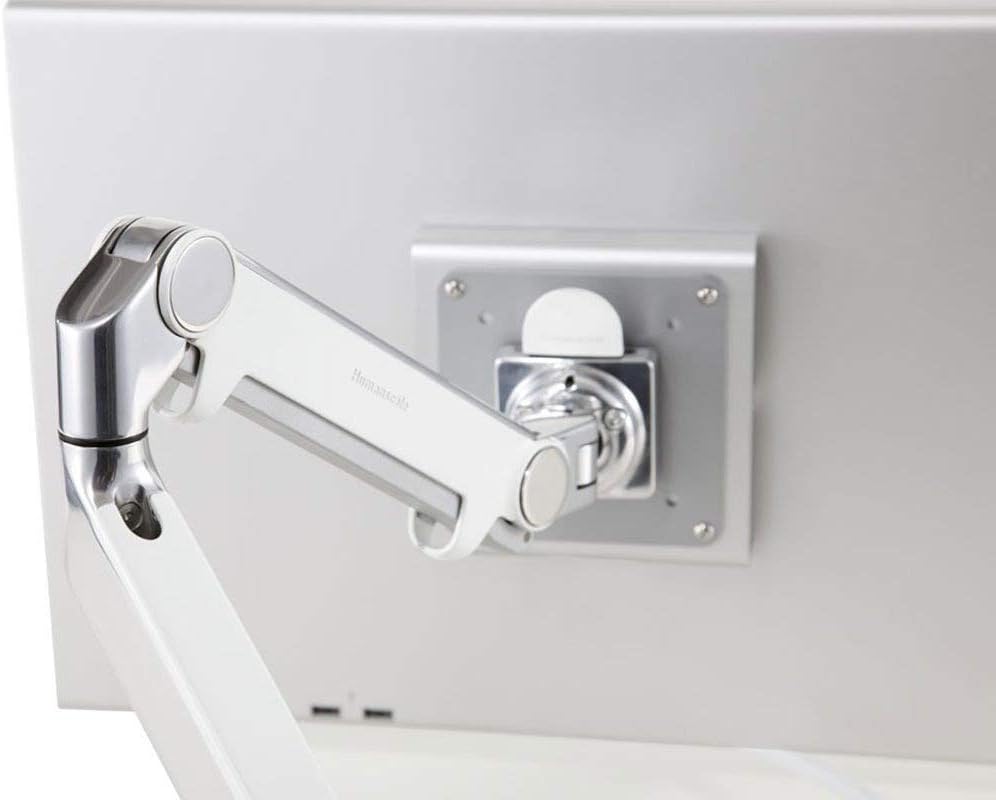 Humanscale M2 M2CW1S Adjustable Articulating Computer Monitor Arm - Two Piece Clamp On Mount with Base - Polished Aluminum with White Trim