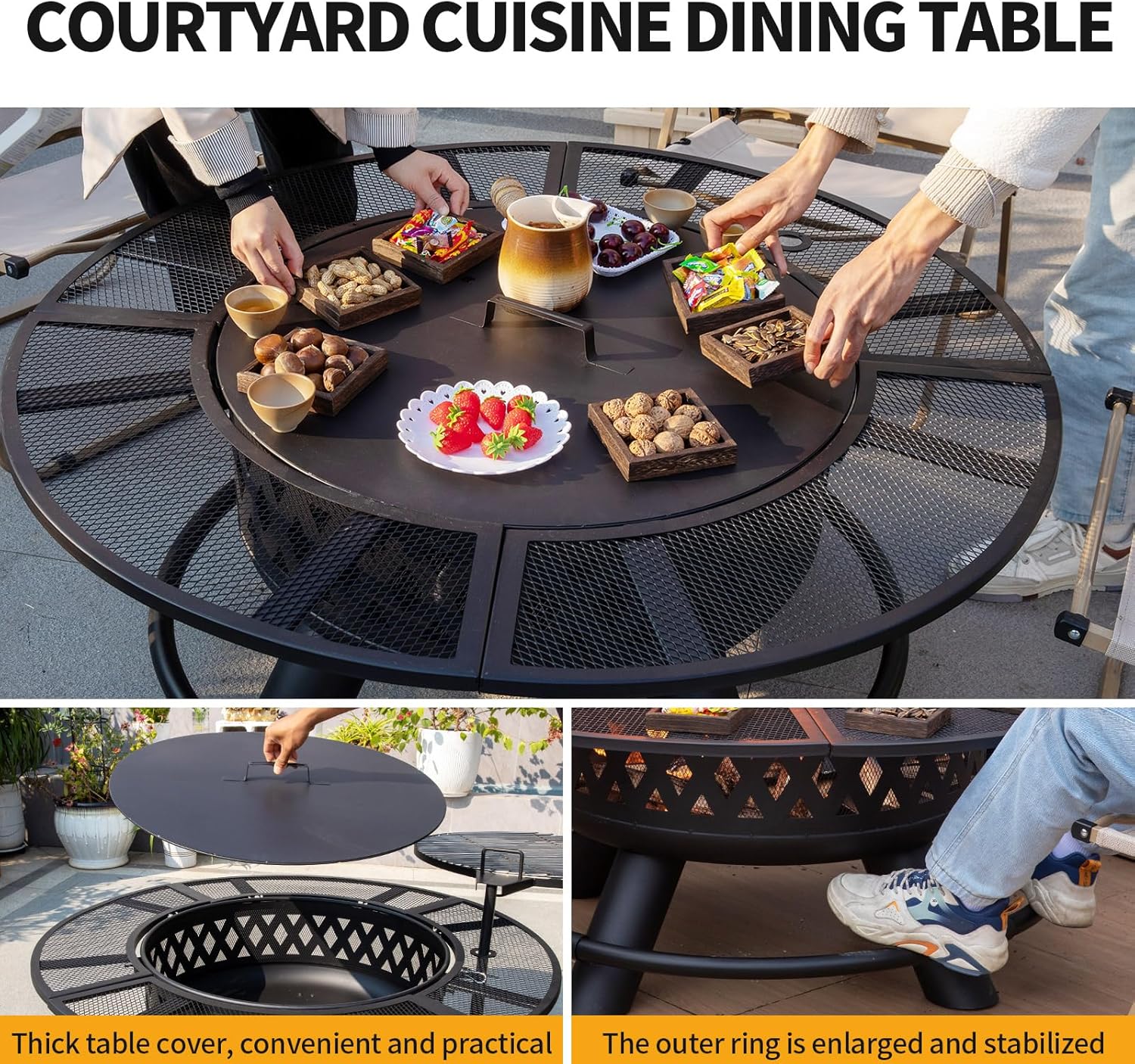 47 Inch Outdoor Fire Pits with Grill & Lid Outdoor Metal Wood Burning Fire Pit for Patio Multifunctional Large Firepit with Fire Poker for Backyard Garden Bonfire (Black)