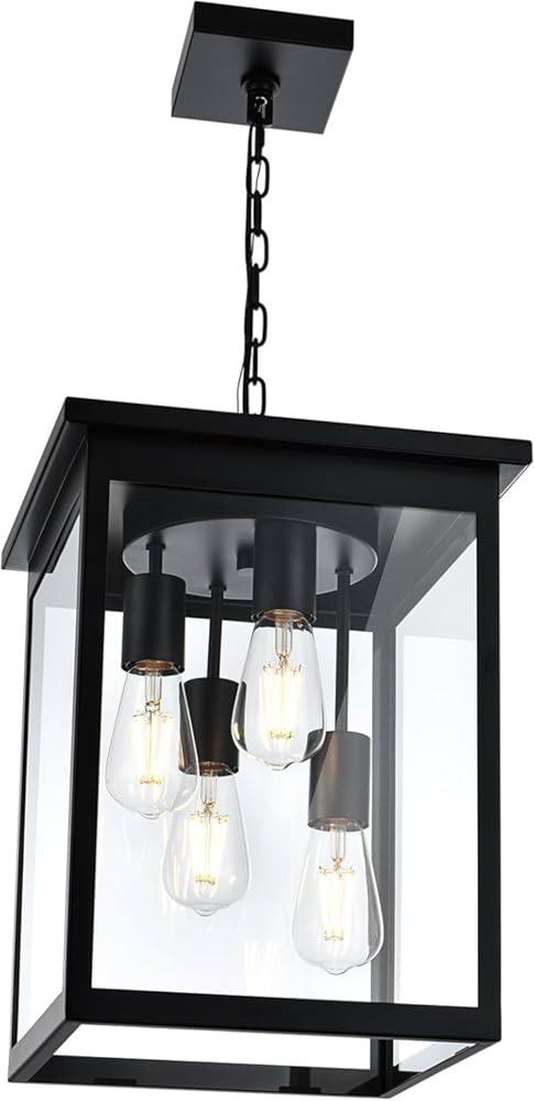 TODOLUZ Large Outdoor Pendant Light Fixtures, 4-Lights Black Exterior Ceiling Hanging Lanterns with Clear Glass, Farmhouse Outdoor Chandelier for Front Door Entry Patio