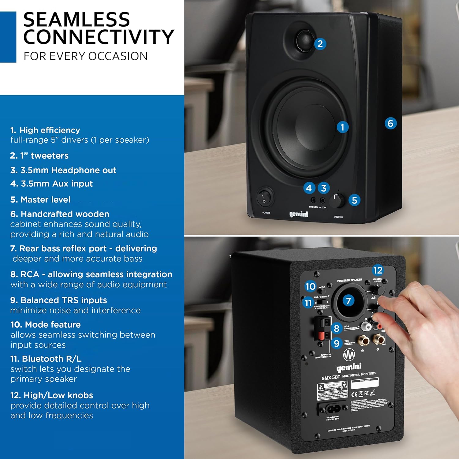 Gemini Sound SMX-5BT 5” Studio Monitor Speakers with Bluetooth - 200W Peak Power, TRS/RCA/Aux Inputs, Acoustic Tuning, Active/Passive Pair for Home Studio, DJ, and Music Production