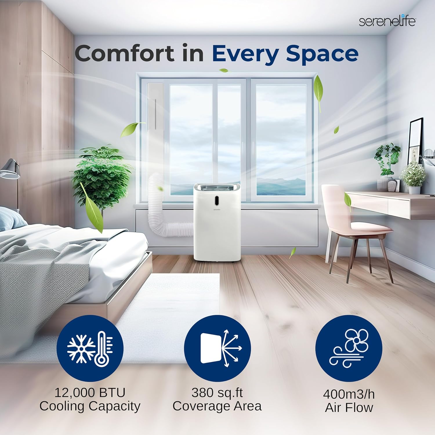 SereneLife 12000 BTU Portable Air Conditioner - 3-in-1 Compact Standing Air Conditioner for Room Up to 380 Sq. Ft. - Floor AC Unit with Remote Control - Universal Casters, Window Mount Kit