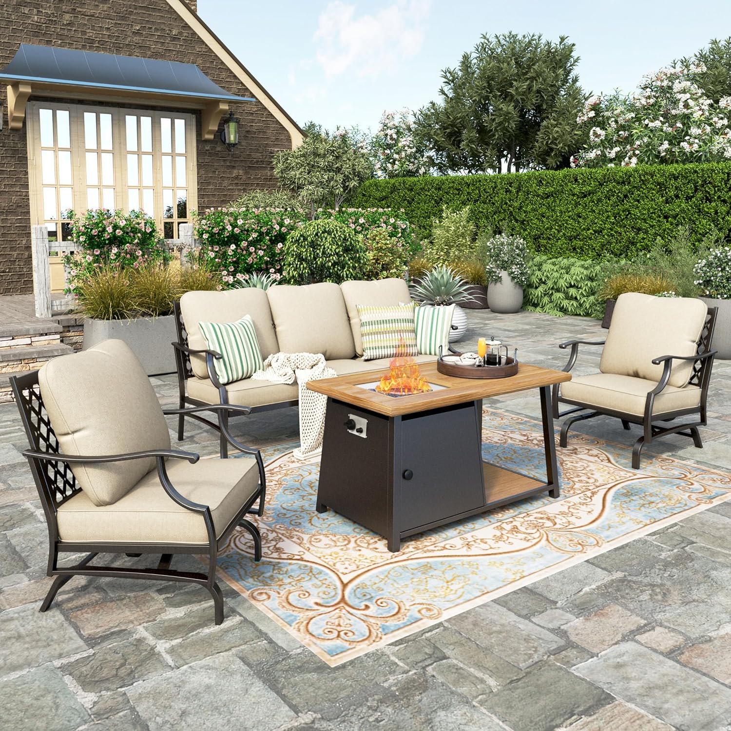 HERA'S HOUSE 4 Pieces Patio Furniture Set with Fire Pit Table, 2 x Rocking Chair, 3-Seat Sofa with 46