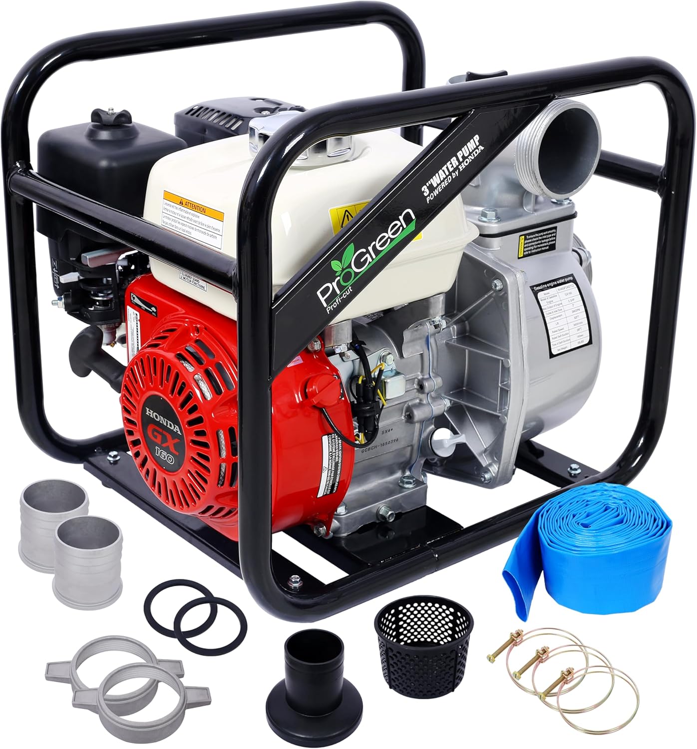 Water Pump 3 inch, 264 GPM, 163cc GX160 Engine, 3IN NPT COUPLER WITH 25FT FLAT HOSE, for Irrigation Pool Water Transfer Pump Gardening Water Transfer Pump, EPA Certified