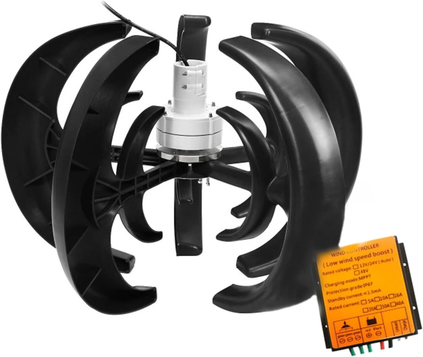 1200W 12V 24V Wind Turbine Generator+MPPT Controller Lantern Vertical Low Wind Speed Starts Home Street Lights 5 Blades Wind Power Generator Kit (Color : Black A, Size : 12v)