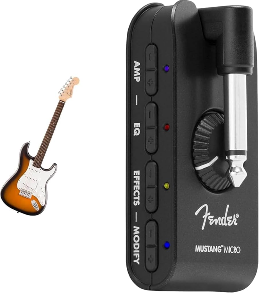 Fender Squier Debut Series Stratocaster Electric Guitar, Beginner Guitar, 2-Color Sunburst with Matte Finish + Fender Mustang Micro Headphone Amplifier