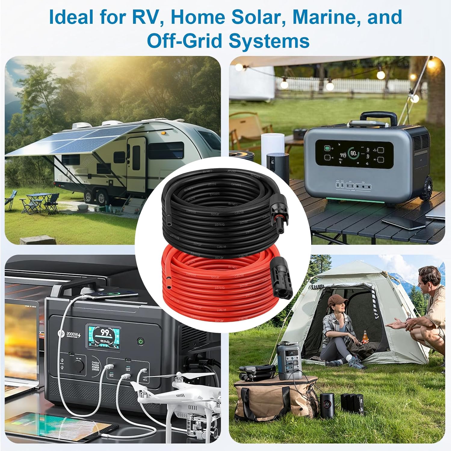 XRDS -RF Solar Extension Cable 10AWG, 50FT Red & Black Solar Panel Wire with Solar Connectors, PV Wire with Disconnect Wrenches & Extra Male/Female Connectors for RV, Camper, Inverter, Off-Grid System