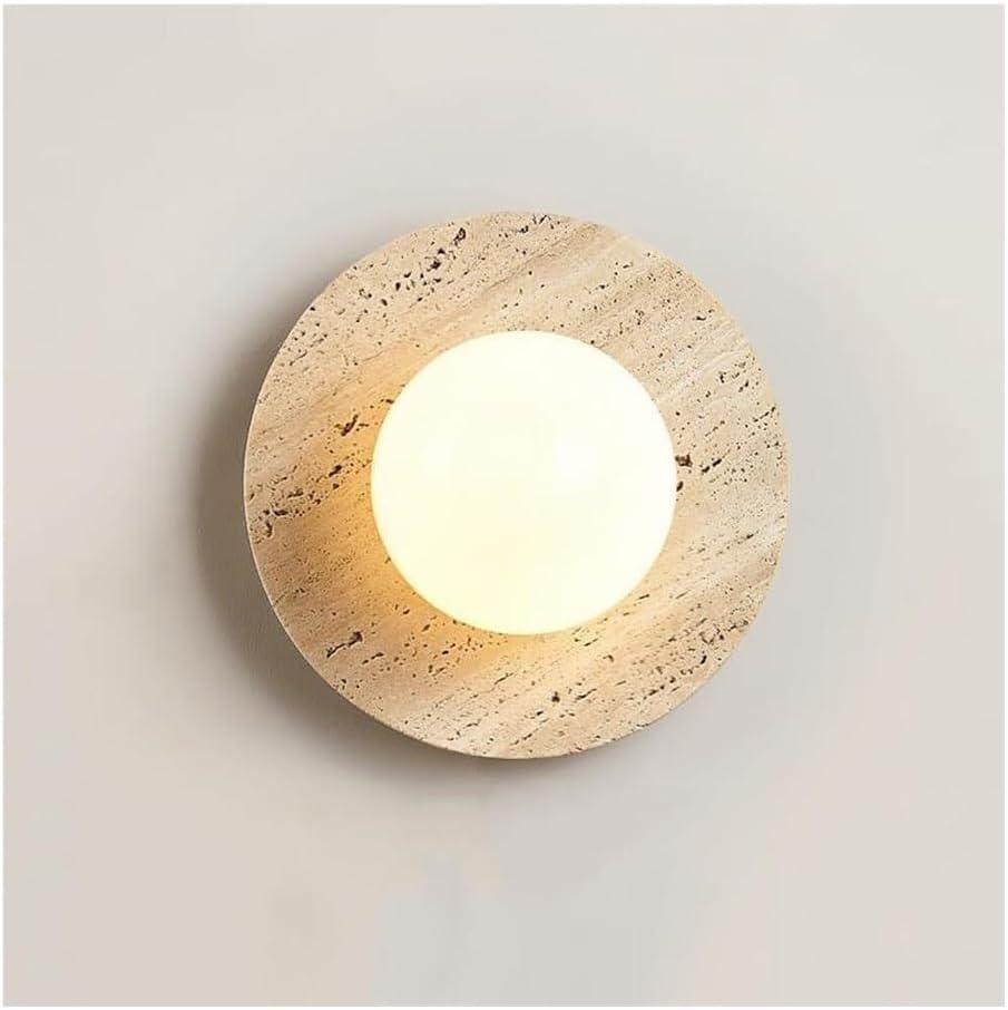 Wall Sconces Natural Stone Wall Sconces Round Travertine Wall Sconce G9 Base Wall Lights Vintage Farmhouse Round Marble Wall Lighting for Bedroom Living Room Vanity(30CM)