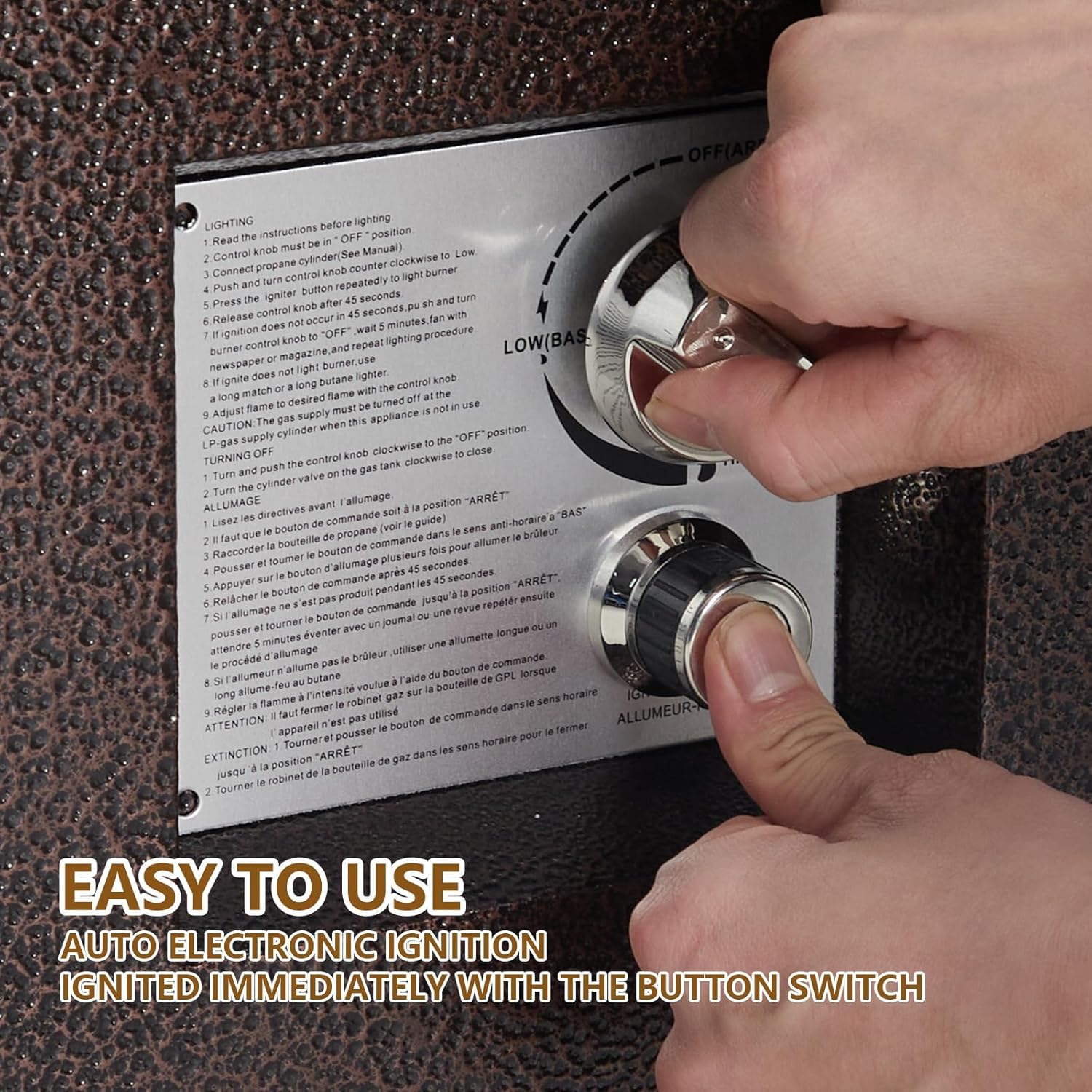 48 Inch Outdoor Propane Fire Pit Table with Piezo Ignition Dual Function Design Bronze Gold Finish for Patio Deck Garden Seating 6-8