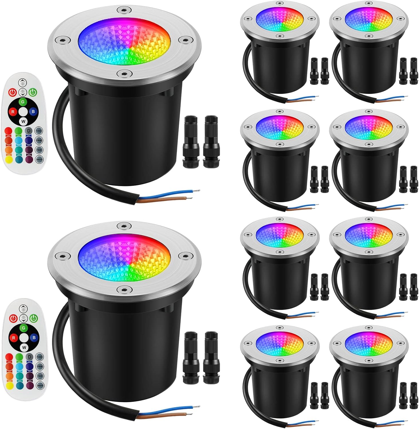 Junview Low Voltage Landscape Lights 10W RGBW Warm White LED Well Landscape Lighting Remote Control IP67 Waterproof Outdoor 12V-24V Pathway Deck Ground Lights(10Pack with Connectors)