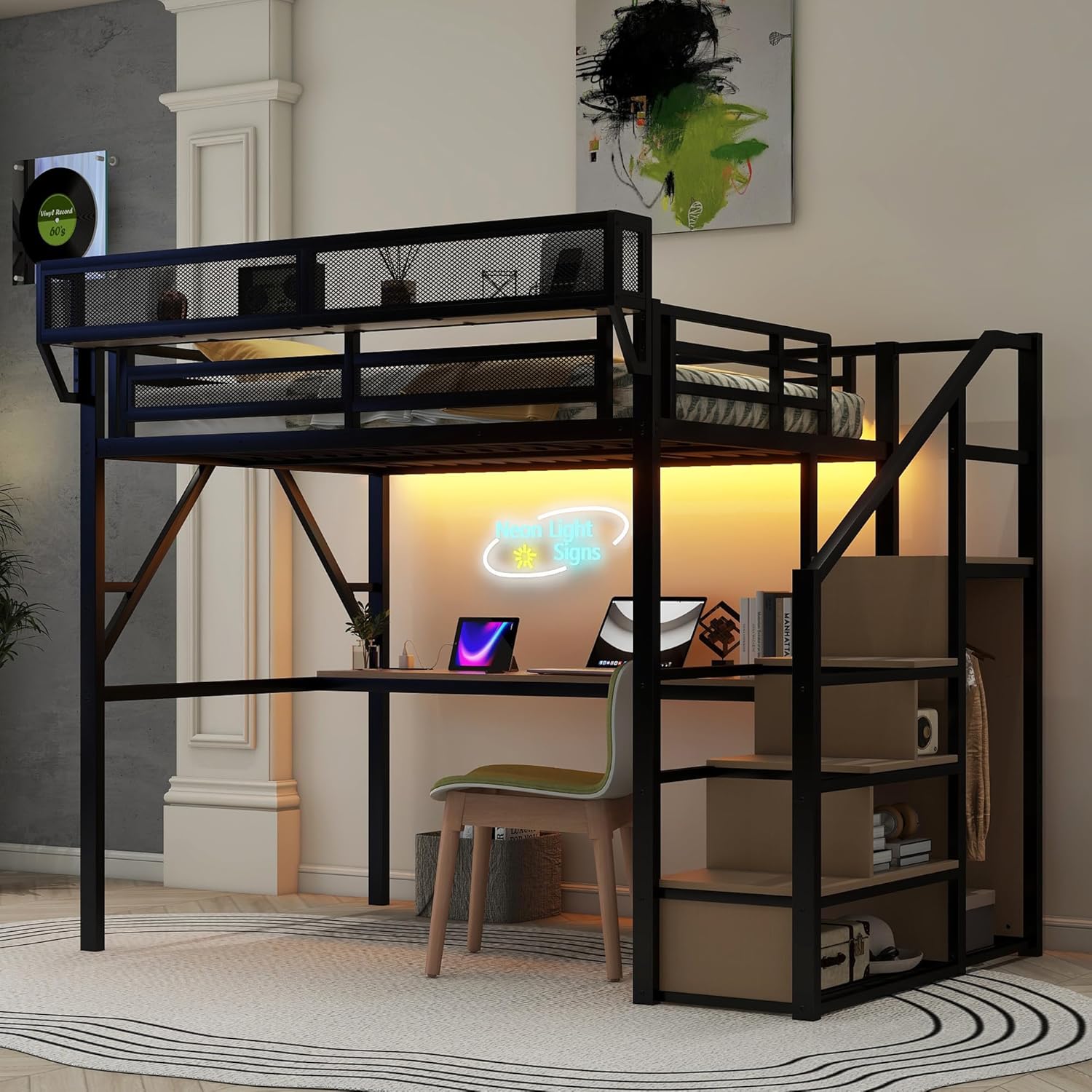 YAFF Full Loft Bed with Desk and Charging Station, Full Size Metal Loft Bed with Stairs and Light for Kids Teens, Black, Patent Products