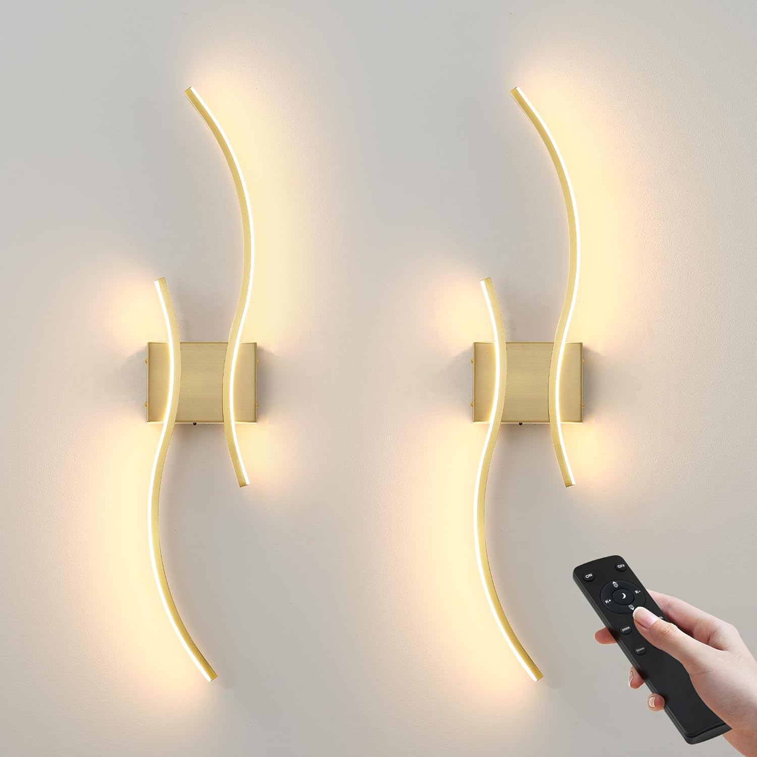 Battery Operated Wall Sconces Set of Two with Remote Control, Stepless Colors 3000K-6000K & Dimming, LED Brass Wireless Wall Light for Living Room, Hallway, Bedroom, 31.5 Inch (2 Pack)