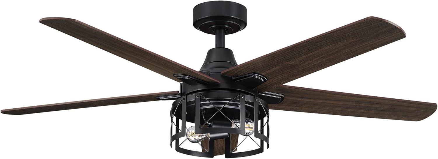 Parrot Uncle Ceiling Fans with Lights and Remote Black Farmhouse Ceiling Fan for Bedroom Outdoor Ceiling Fans for Covered Patios with Light, 52 Inch