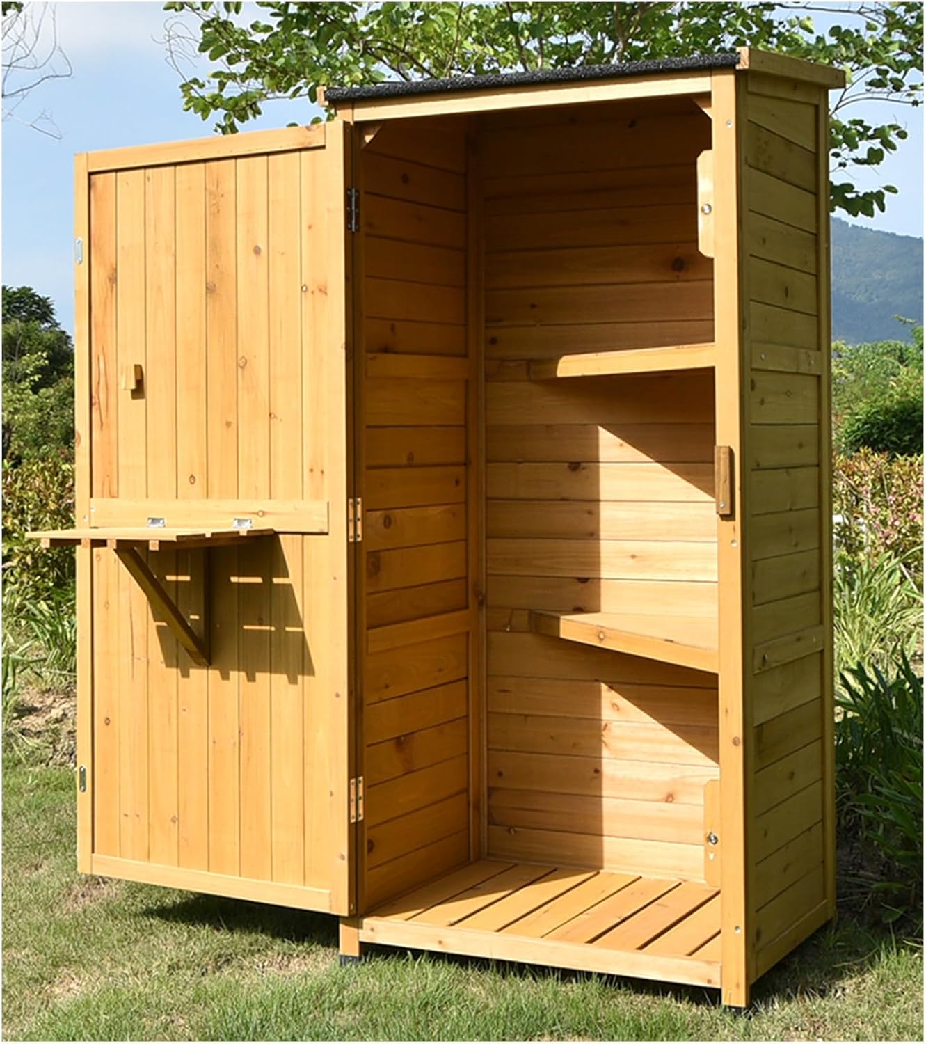 Wooden Outdoor Garden Storage Cabinet with 3 Layer Shelves and Waterproof Roof Green Tool Storage Shed for Patio Lawn Vertical Garden House (Brown 142X70X52Cm)