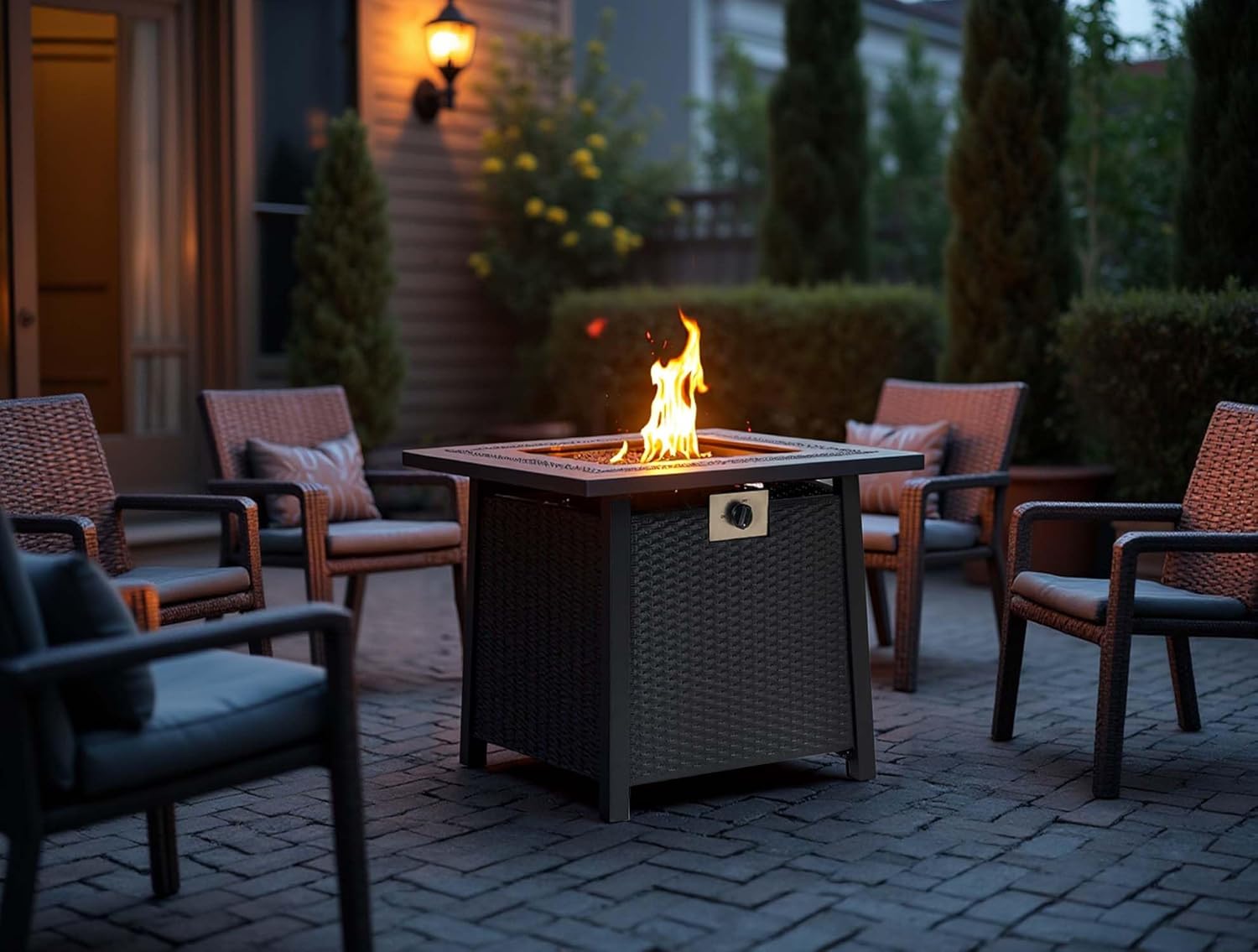 28'' Propane Fire Pit Table, 50,000 BTU Patio Fire Pit Table, 3-in-1 Multi-Use Iron Square Propane Firepit, Fit Patio Backyard Deck Outdoor Gatherings (Black 2)