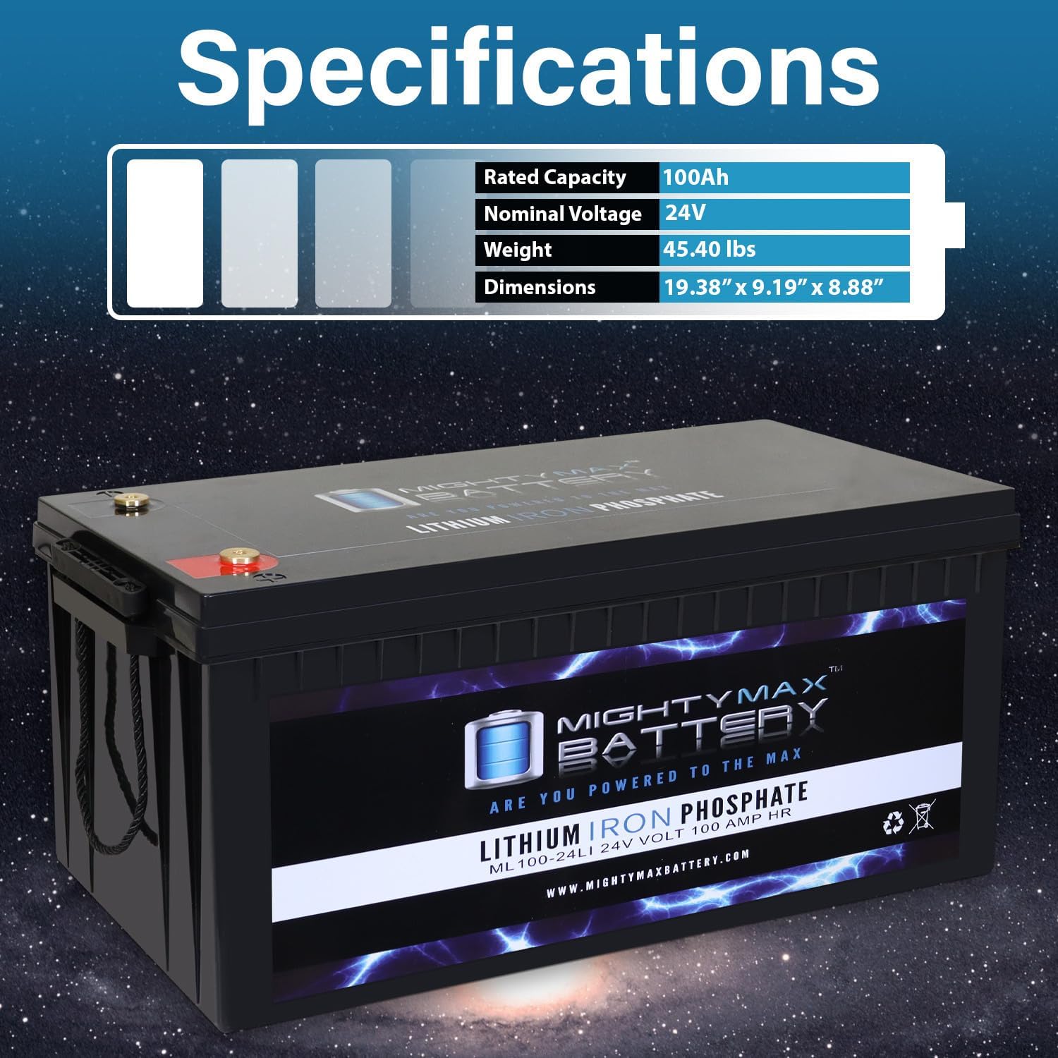 Mighty Max Battery ML100-24LI 24V 100Ah Lithium Replacement Battery Compatible with Solar Wind RV Marine Camping Off Grid Solar Panel Kit