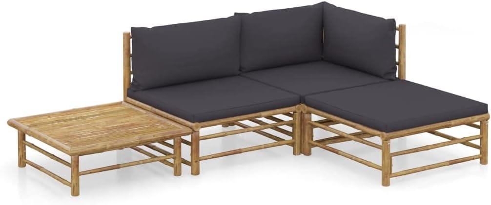 4 Piece Patio Lounge Set with Dark Gray Cushions Bamboo,Spacious Bamboo Outdoor Patio Lounge Set with Removable Cushions for Ultimate Backyard Comfort Patio Furniture, Outdoor Furniture Sets