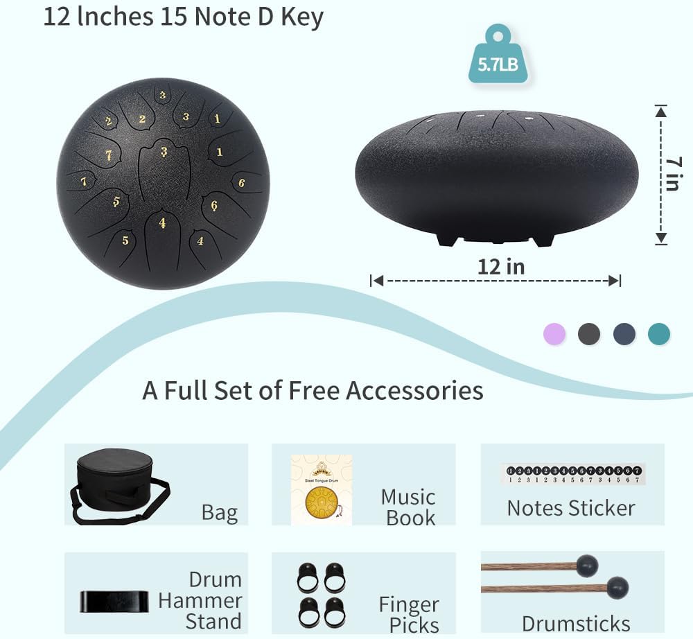 Steel Tongue Drum 12 Inches 15 Notes Musical Instruments, D Major Percussion Instrument with Soft Bag, Music Book and 2 Mallets for Meditation (black)