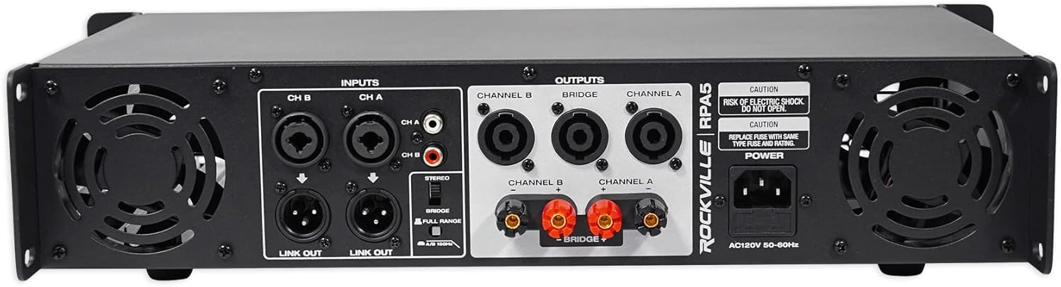 Rockville RPA5 2-Channel Power Amplifier, 200W RMS @ 4 Ohm, 1000W Peak, Stereo/Mono Switch, Built-in Crossover, for DJs, Live Sound, and Pro Audio