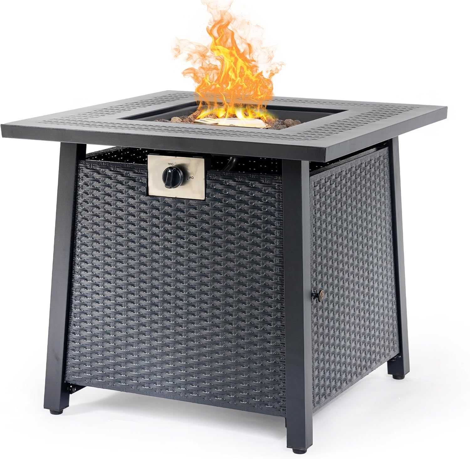 Propane Fire Pit Table,Out Door Fire Pits & Fireplaces,Gas Fire Pit with Lid and Lava Rock.Square Black Fire Pit Table on Patio Deck & Garden Backyard. (Raven‌ Black, 28-inch)