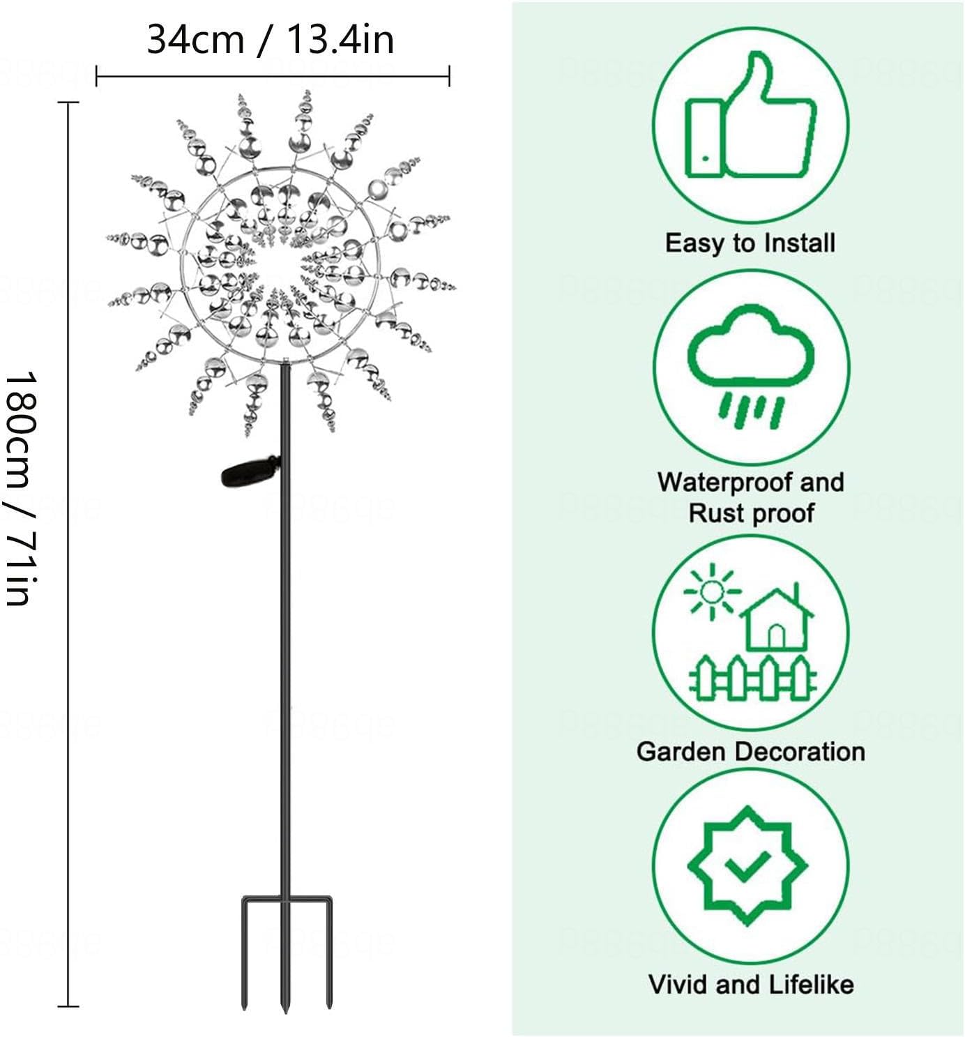 Solar Magical Metal Windmill, Kinetic Garden Spinners 3D Wind Powered, 13.4 x 71in Wind Sculpture,Gold