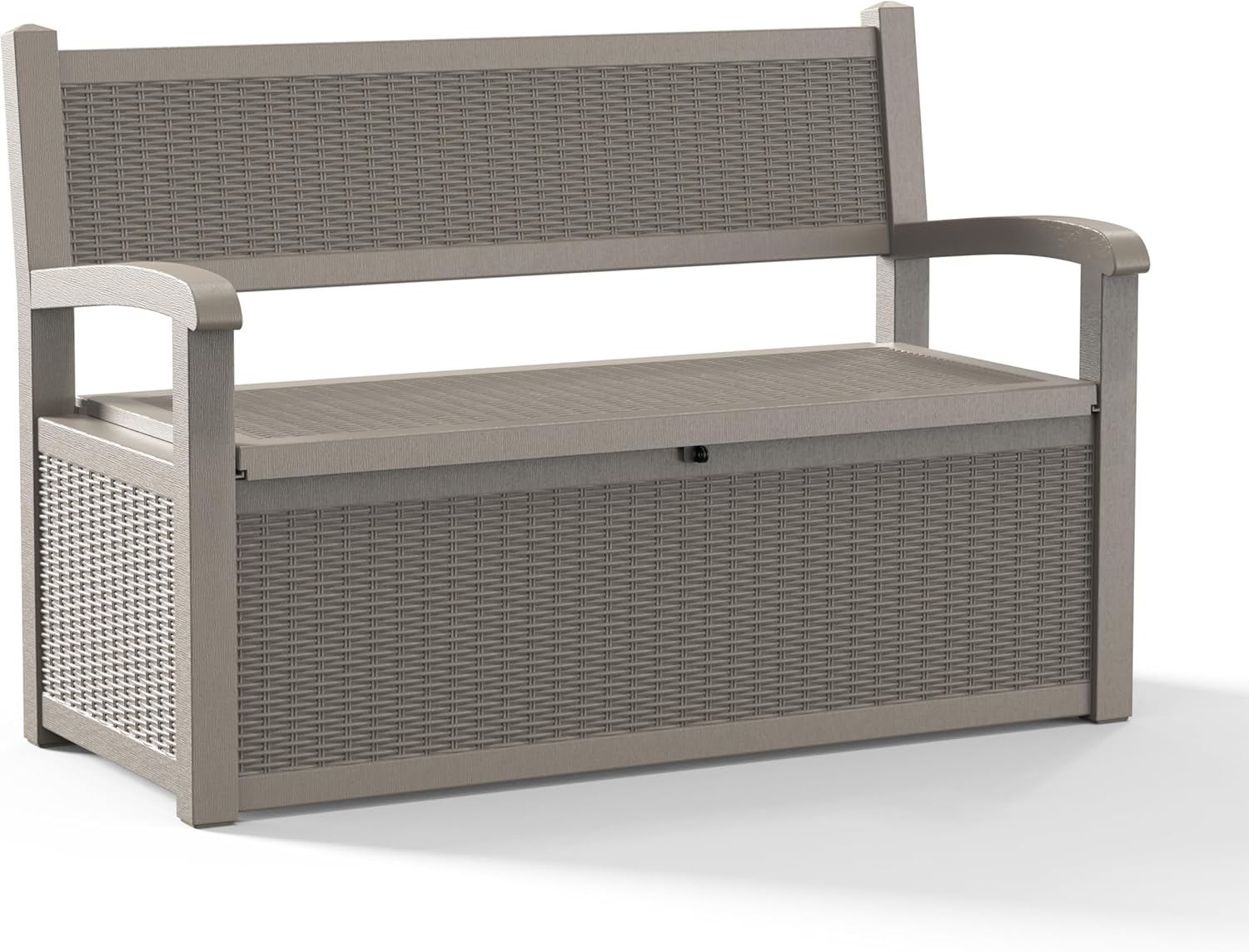 ROJIK 80 Gallon Resin Deck Box Storage Bench, Outdoor Wood Grain Style Lockable Storage with Armrests, All-Weather Durable Patio Furniture for Porch, Garden and Indoor Use, Grey