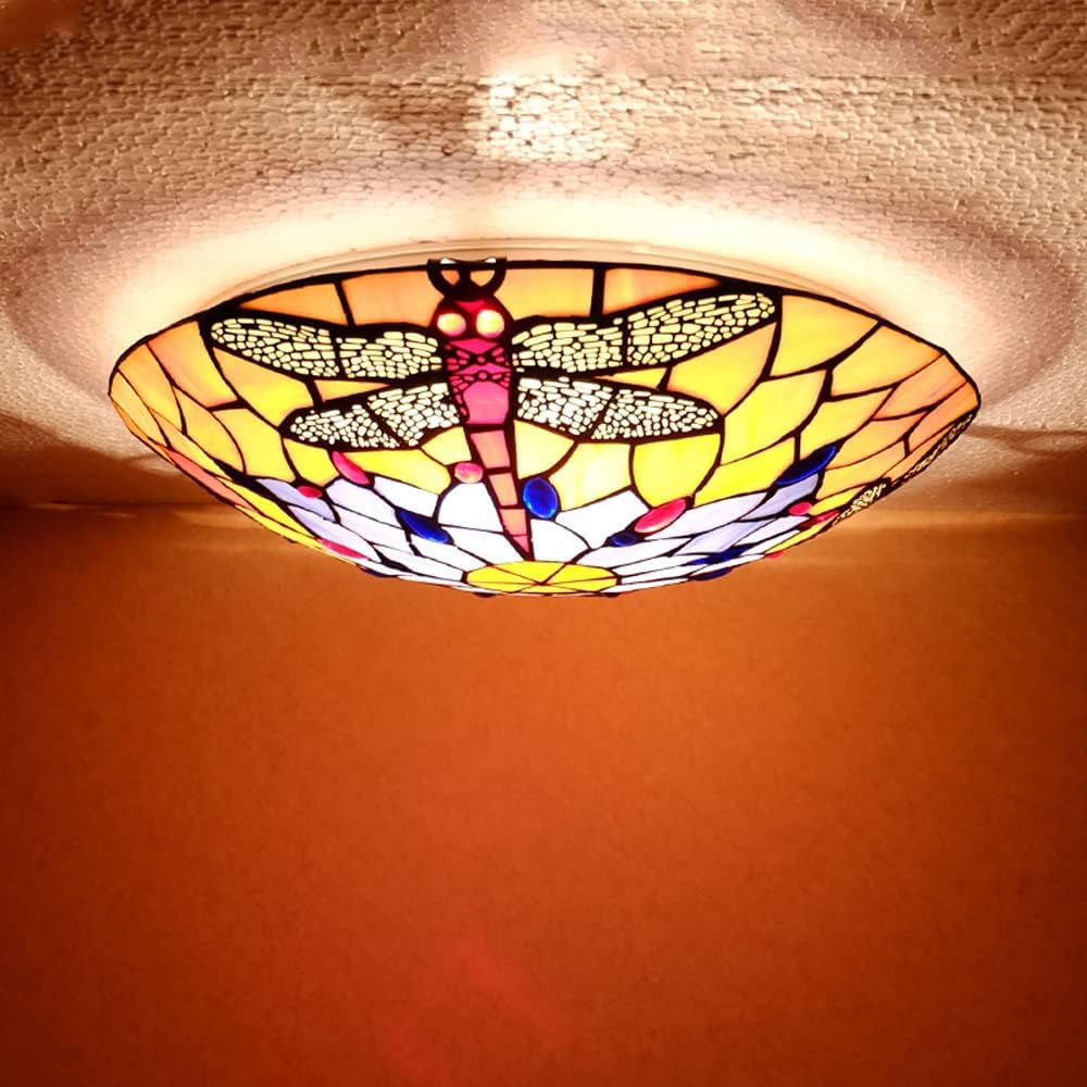 Stained Glass Ceiling Lamp Tiffany Style Semi Flush Mount Ceiling Lighting Fixture, 11.8in Chandeliers Dragonfly Ceiling Lamps for Restaurant Entryway Bedroom Hallway