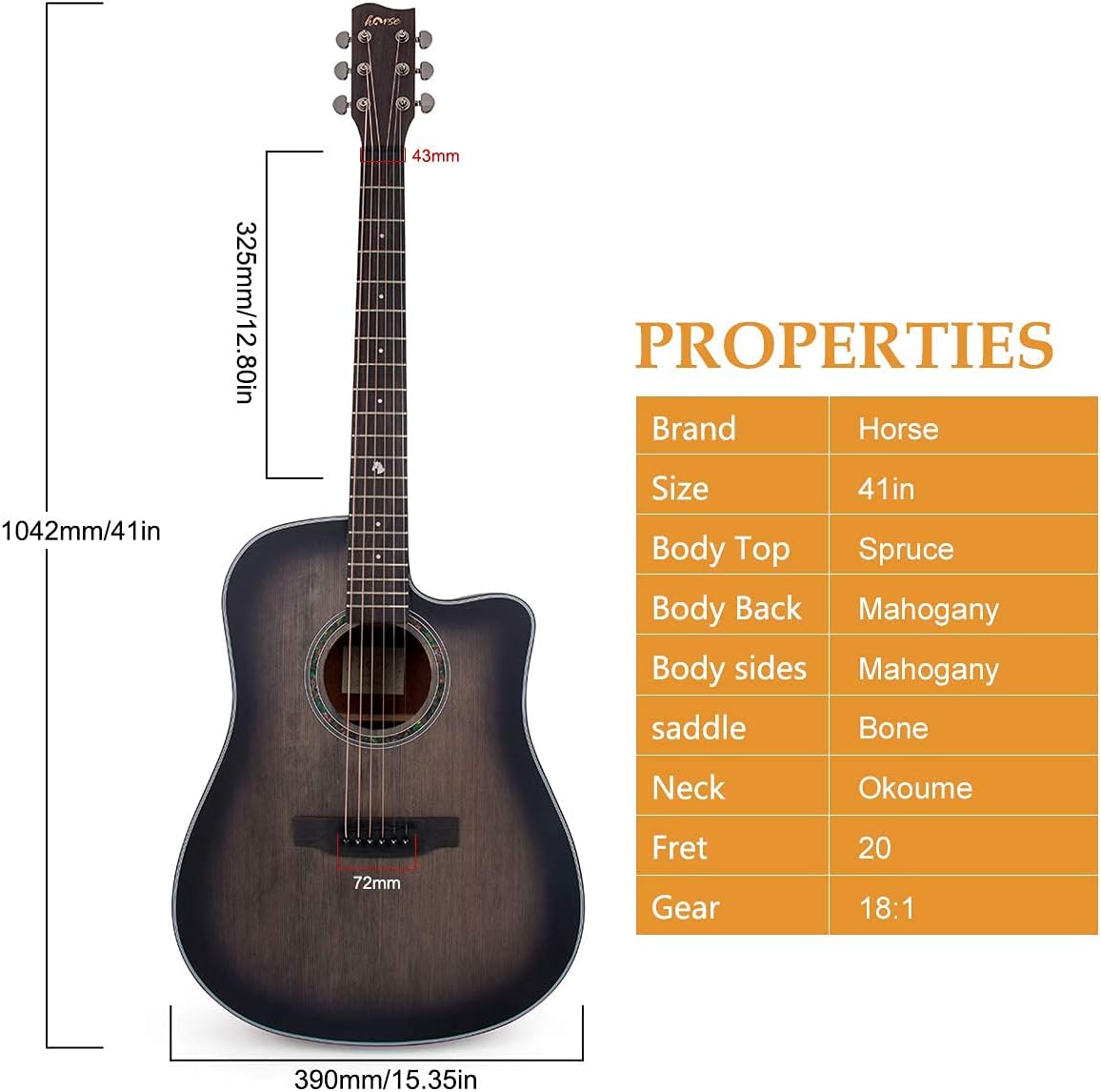 lotmusic 41 Inch Acoustic Guitar Full-size Dreadnought Professional Cutaway Folk Guitarra Bundle 6 Metal Strings with Beginner Kit (Gig Bag, Tuner, Strap, Picks all accessories