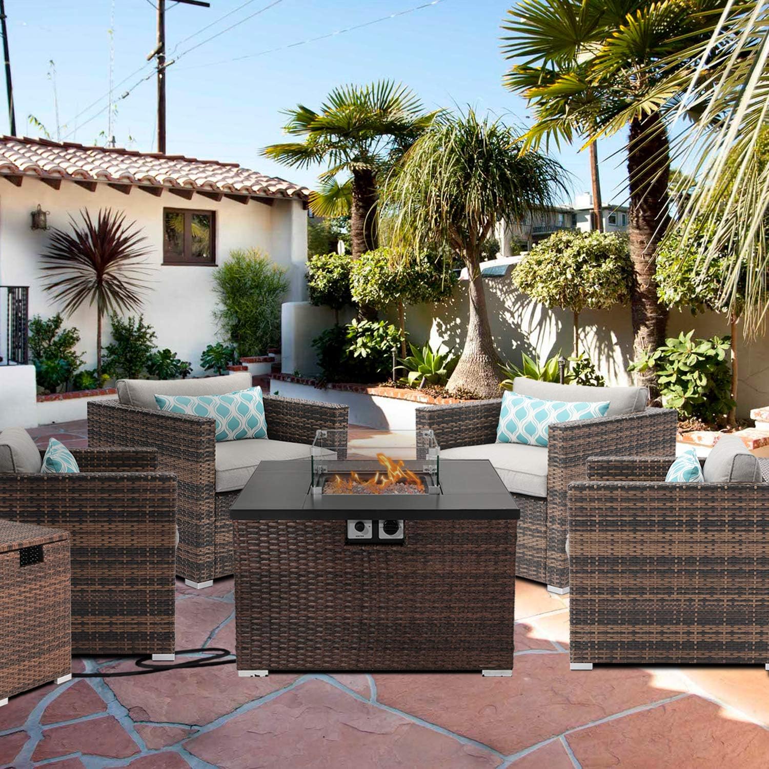 AQUILLA 6-Piece Patio Furniture, 32 inches 40000 BTU Square Wicker Fire Table w Wind Guard Glass for Garden