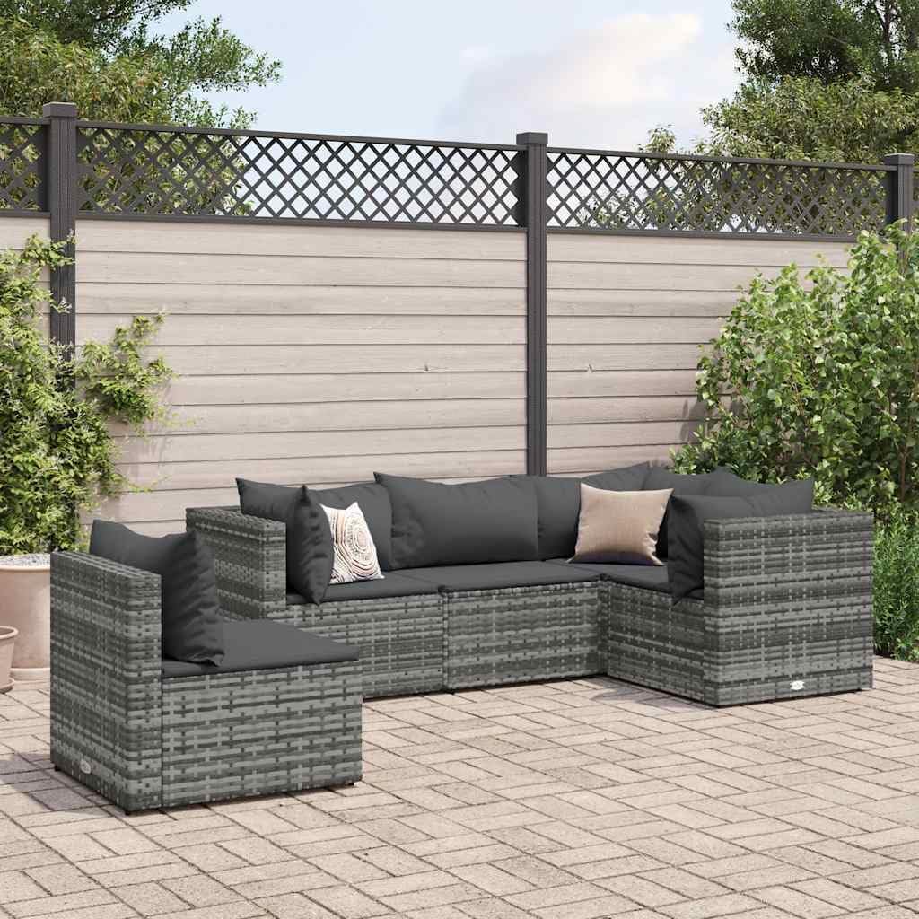 Patio Set 5 Piece Patio Lounge Set with Cushions Gray Poly Rattan