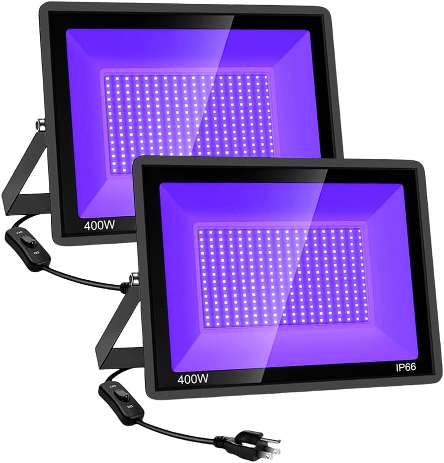2 Pack 400W LED Black Lights, Outdoor 395nm Black Flood Light with Plug and Switch, IP66 Waterproof Blacklight Spotlight UV Neon Glow Floodlight for Glow Party, Halloween, Body Paint