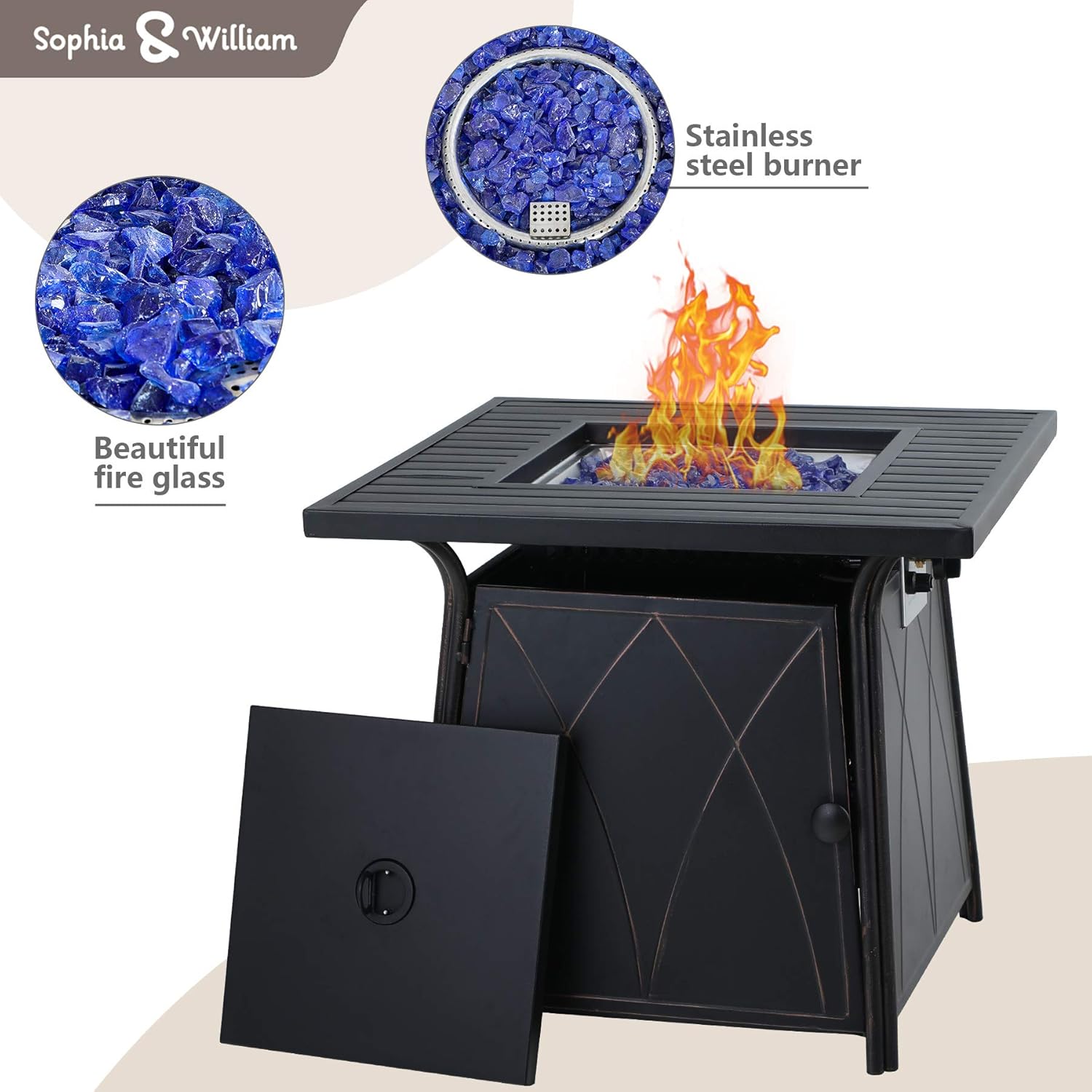 Sophia & William Patio 5 Pieces Dining Set with 1 Square Gas Fire Pit Table and 4 PE Rattan Chairs, Modern 2 in 1 50000 BTU Outdoor Propane Firepits Table Auto-ignition Black 28.4