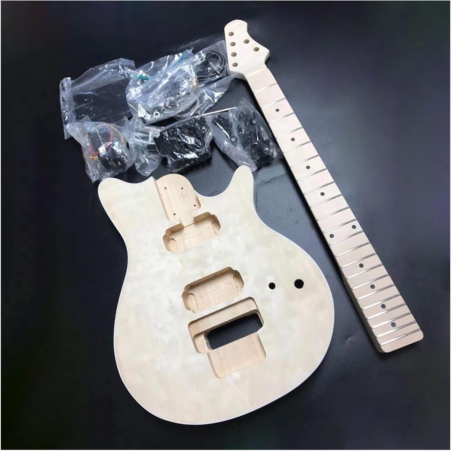 TSTS 2 Dual-Coil Pickups Unfinished 22 Frets DIY Electric Guitar Kit Basswood Body and Fingerboard Unfinished Electric Guitar Kit
