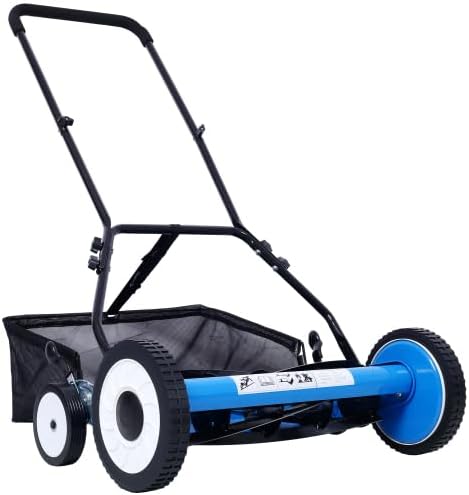 【LuckyNote】 20-Inch 5-Blade Push Reel Lawn Mower with Grass Catcher, 4 Wheels Blue Color,1.3-2.5 Inch Height Adjustment