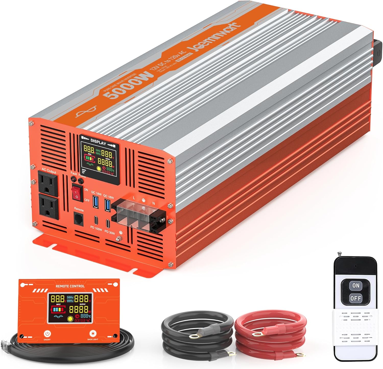 5000W Pure Sine Wave Inverter DC 12V to AC 120V Converter, Off-Grid Solar Power Inverters with Built-in 4 USB Ports, Hardwire Port, Remote Controller for Vehicles, Truck, RV, Home