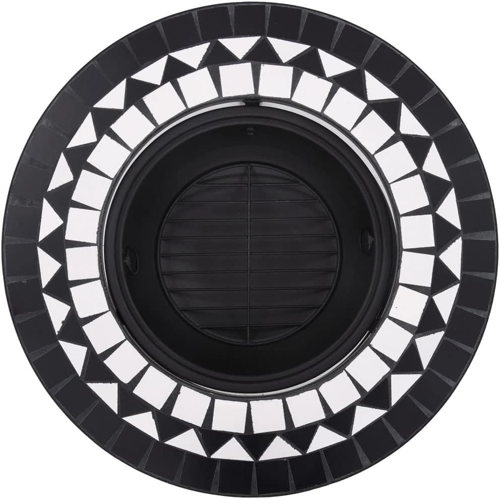 Mosaic Fire Pit Black and White Steel Fire Pit Bowl with Grid and Tabletop for Outdoor Heating and BBQ Use 26.8