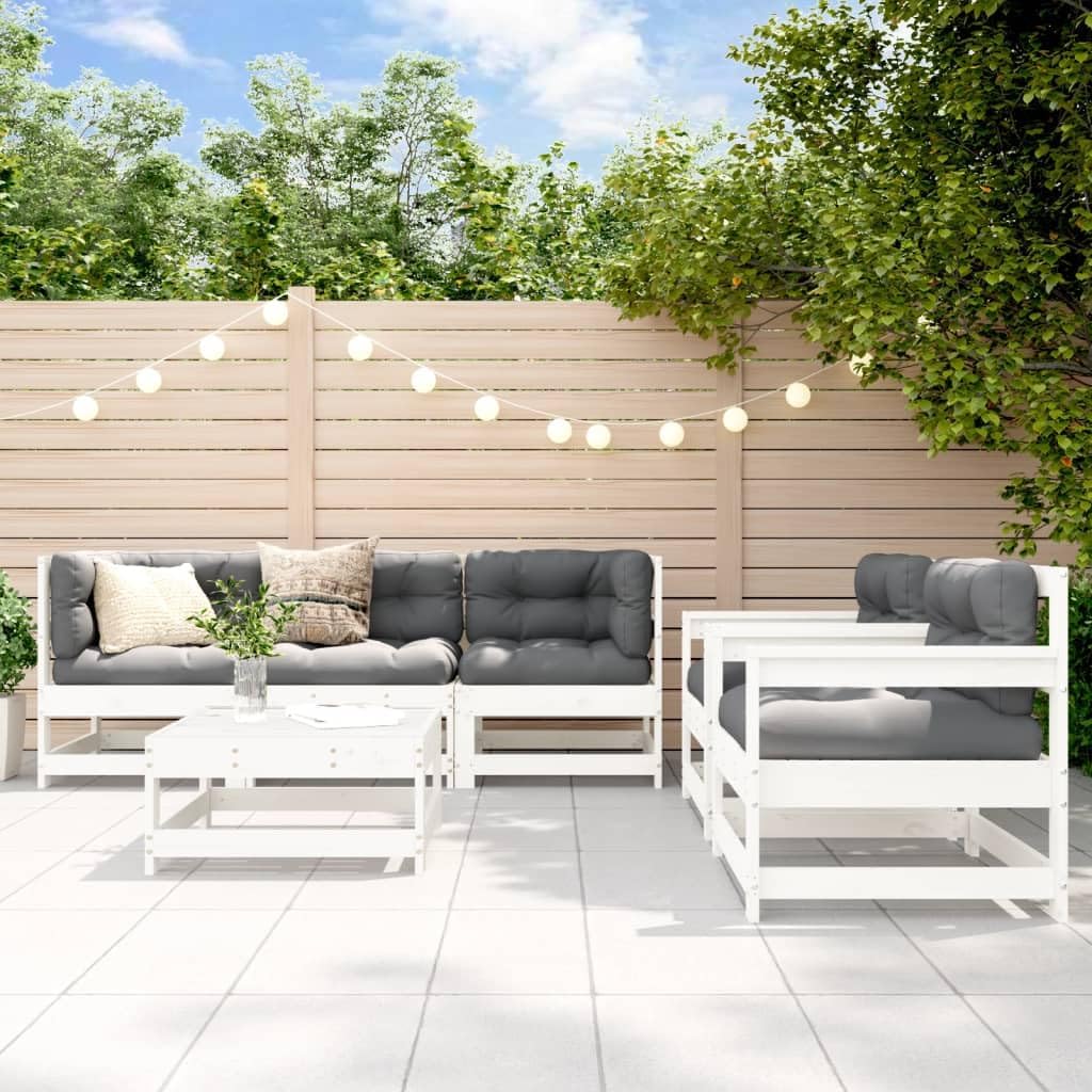 6 Piece Patio Lounge Set with Cushions White Solid Wood,Cozy Up with Our Premium Wooden Garden Lounge Set: for Outdoor Comfort and Style Patio Furniture, Outdoor Furniture Sets