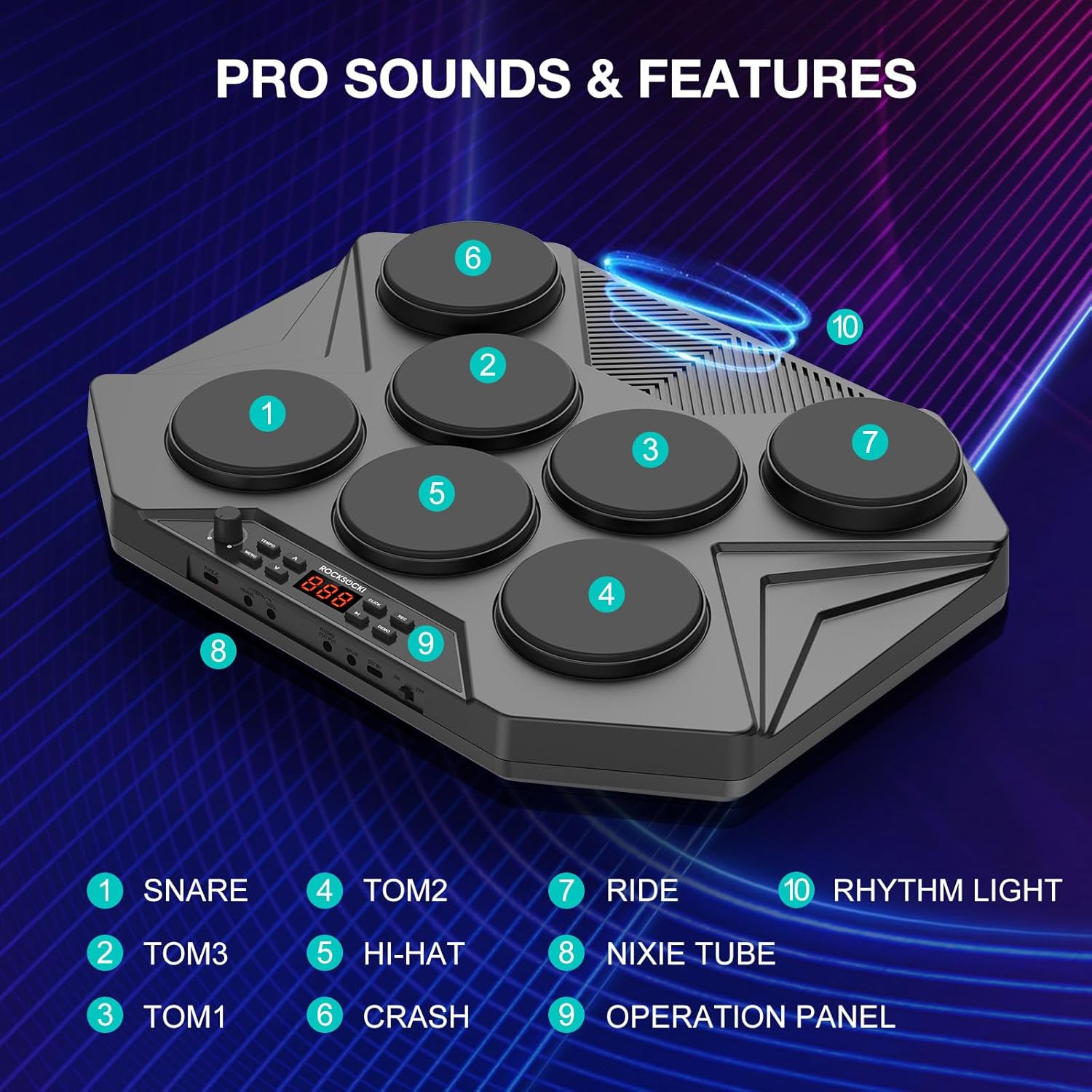 ROCKSOCKI Electronic Tabletop Drum Set, Portable Digital Drum Kit 7 Velocity Sensitivity Drum Pads, LED Music Level Light, USB-MIDI Mac & PC Support, Ideal Gift for Adult and Beginners