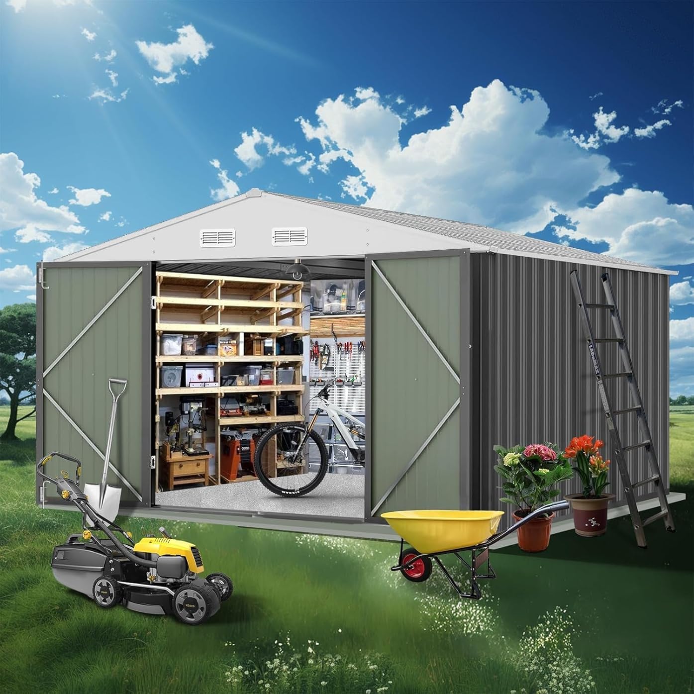 12X10FT Metal Storage Shed - Large Waterproof Tool Metal Shed with Lockable Doors & Vents, All-Weather Outdoor Sheds for Lawn Mower, Bike