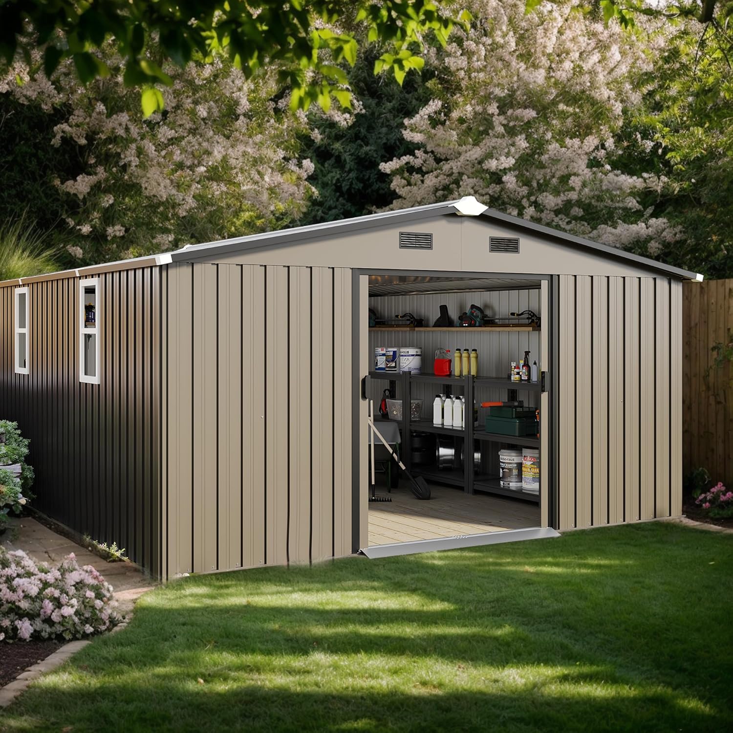 Durable 0.25mm Color Steel Storage Shed with Japanese-Style Sunlit Windows - Weatherproof Outdoor Metal Storage House Kit + 8 Heavy-Duty Anchor Screws