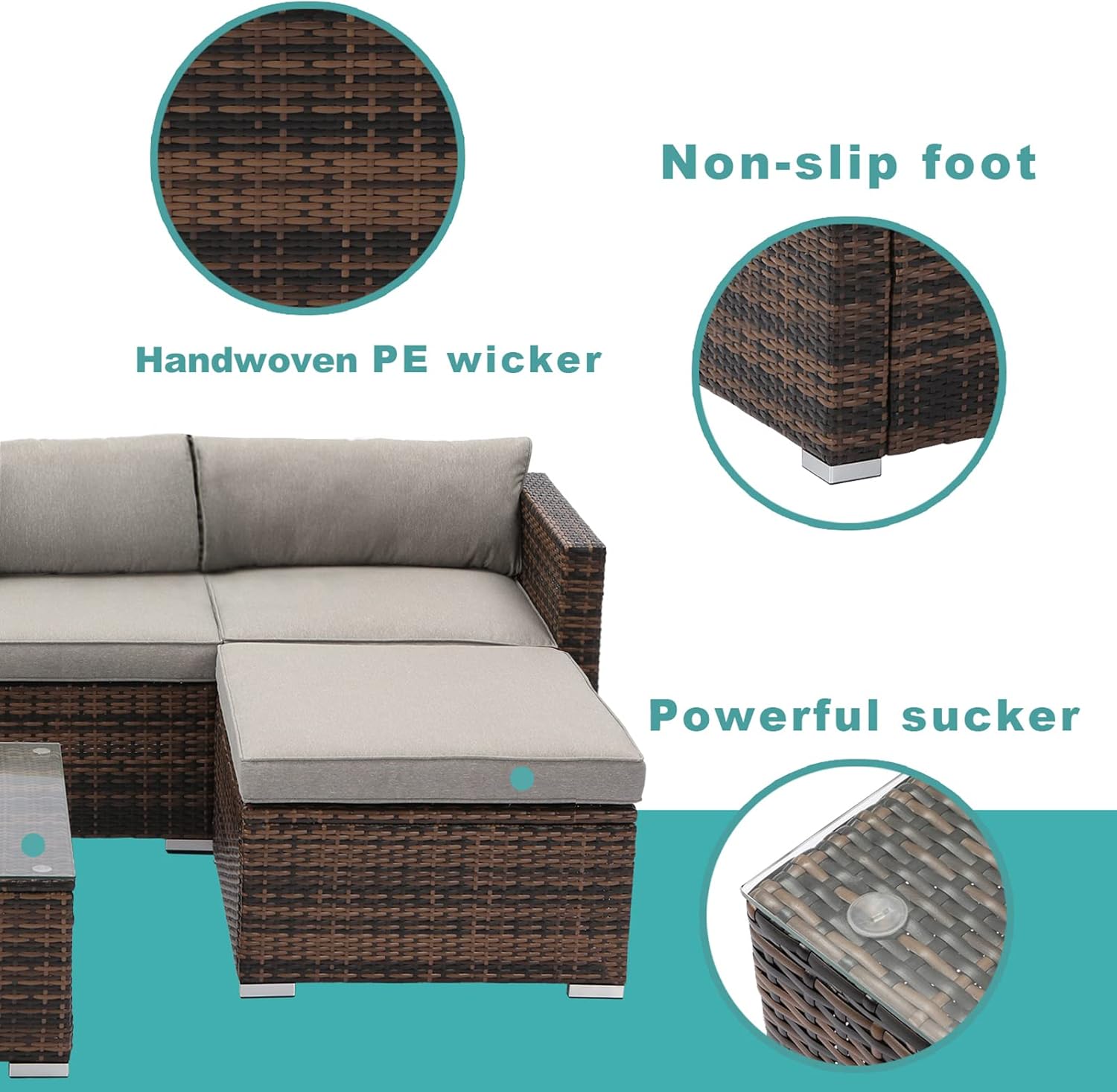 COSIEST 6-Piece Outdoor Furniture All-Weather Mottlewood Brown Wicker Sectional Sofa w Warm Gray Thick Cushions, Glass-Top Coffee Table, 1 Teal Pattern Pillows Incl. Clips