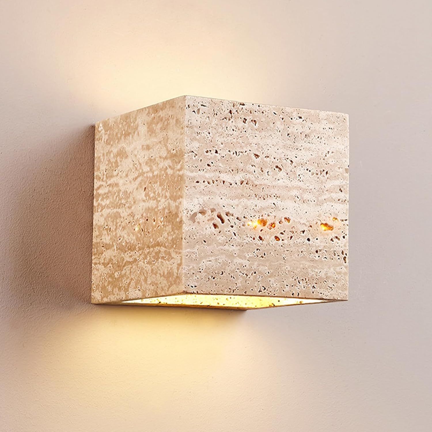 Outdoor/Indoor Stone Sconces, Exterior IP65 Waterproof Yellow Travertine Wall Lamp, Up and Down 3000K Warm White Lighting Fixtures, Japanese Wabi-Sabi Style Marble Wall Light