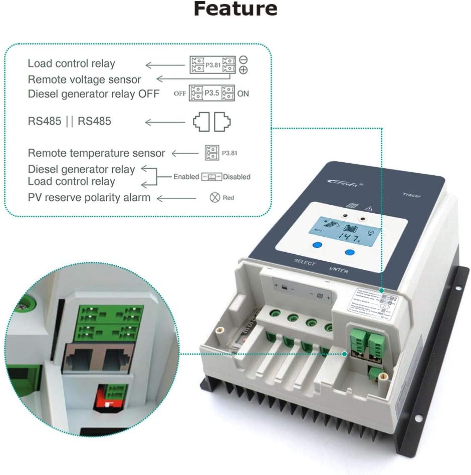 EPEVER 100A MPPT Solar Charge Controller 12/24/36/48VDC Automatically Identifying System Voltage with MT52 Remote Meter & Temperature Sensor RTS & Communication Cable RS485