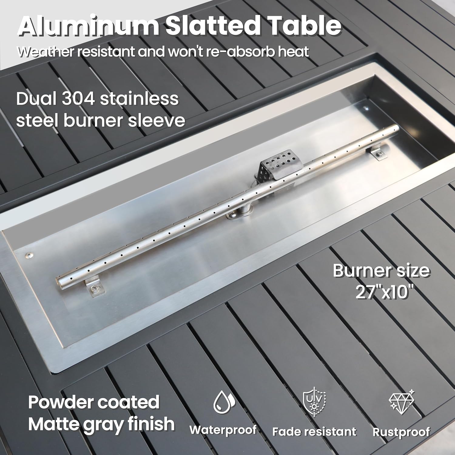 Rectangle Propane Fire Pit Table: 43'' Aluminum Patio Gas Fire Table - 50000 BTU Rustproof Tabletop Firepit Wind Guard Glass Beads - Outdoor Heating Porch Deck Gazebo Backyard Garden - Dark Gray