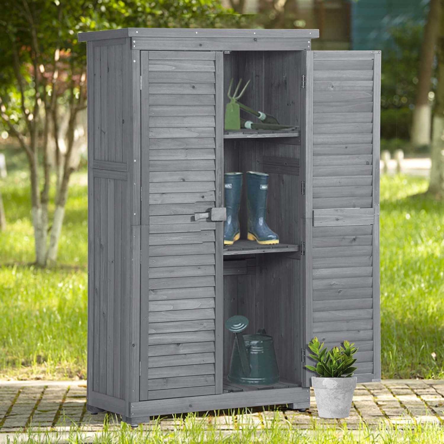 Knocbel Wooden Garden Storage Shed with Shutter Doors and Removable Shelves, Weather Resistant Tool Cabinet for Backyard Patio Lawn, 34.3