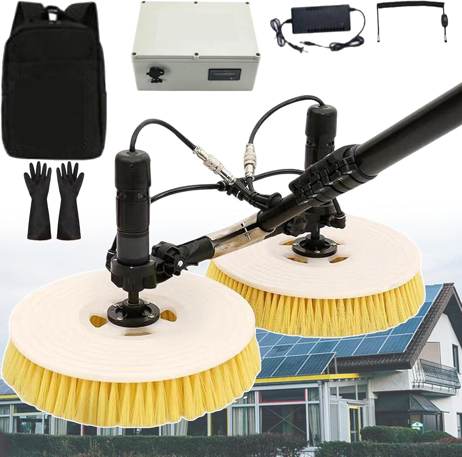 Solar Cleaning Brush,Telescopic Pole with Water Connection,with 5pcs Gloves,40mm Alloy Telescopic Rod,Adjustable Length,Suitable for Home & Commercial Use,Save Time & Energy,A