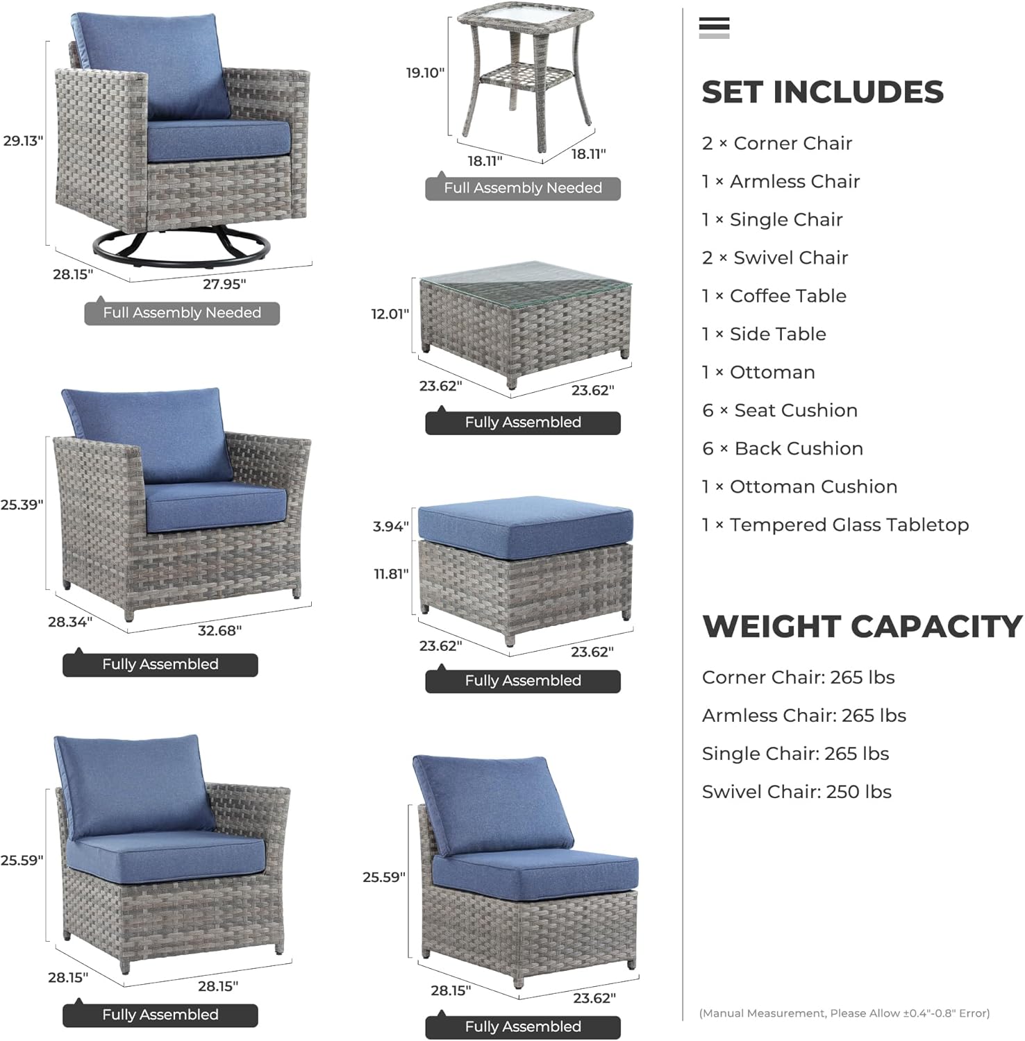 9 Pieces Outdoor Patio Furniture Set Wicker Sectional Sofa with Rocking Chair Tea Table Patio Rattan Conversation Chair Sofa Set